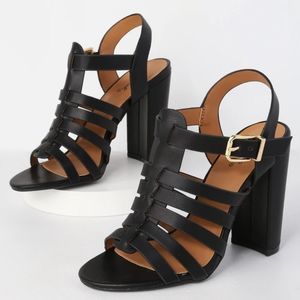 QUPID LEATHER BLOCK HEEL CAGED PEEP TOE ADJUSTABLE BUCKLE ANKLE MULT STRAP SHOE